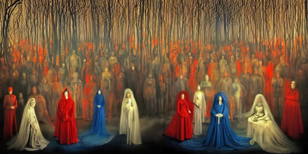 Prompt: the king of dreams the sandman too many mouths and faces in all directions in hoc signo vinces forest in the style of leonora carrington gottfried helnwein intricate composition, blue light by rembrandt insanely quality highly detailed masterpiece red light