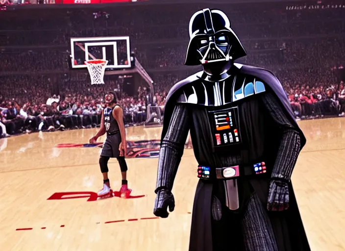 Image similar to ESPN still of Darth Vader playing in the nba playoffs live on espn, 4k