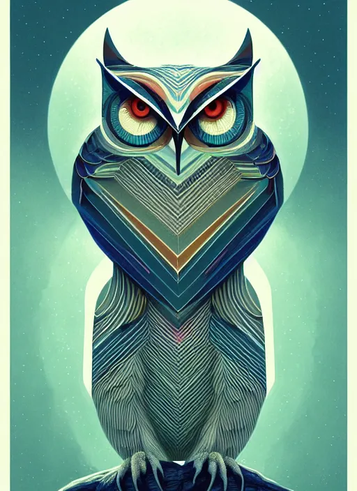 Image similar to portrait of a geometric owl, identical eyes, medium shot, illustration, full body made of white feathers, symmetrical, art stand, super detailed, cinematic lighting, and its detailed and intricate, gorgeous, by peter mohrbacher