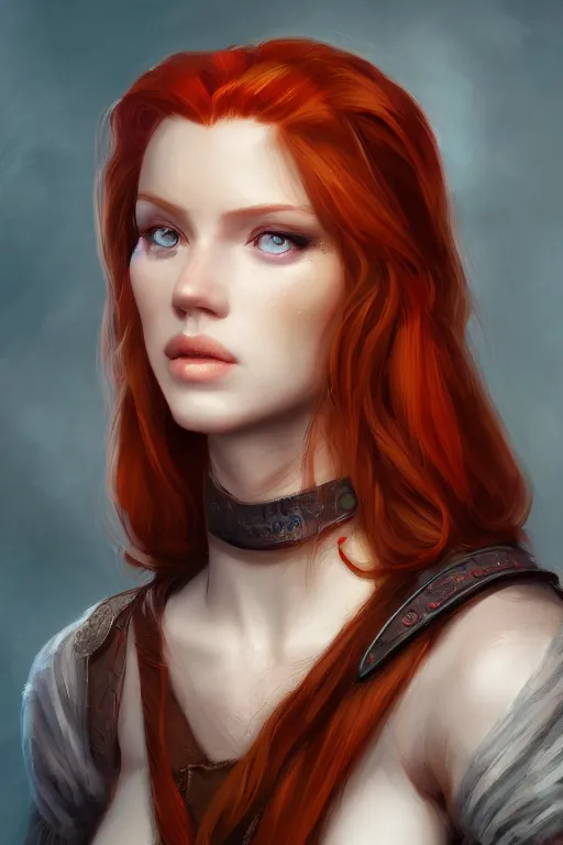 Image similar to Protrait of a Beautiful redhead archer, high fantasy, detailed face, artstationhd, trending on artstation