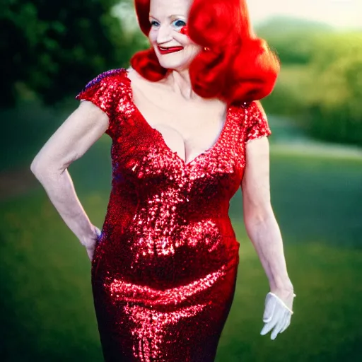 Prompt: film portrait photography of betty white as jessica rabbit, head and shoulders photography. red sequin dress. kodak ektar 4 0 0. canon f 1. 2. detailed, realistic