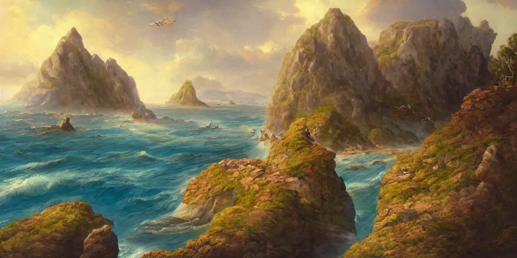 Image similar to fantasy painting of islands and cliffs overseeing a vast ocean