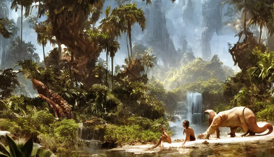 Prompt: craig mullins, frank frazetta art, science fiction landscape, jungle animals and palm trees, water, unreal engine, hyper realism, realistic shading, realistic render, octane render, detailed textures, photorealistic, wide shot