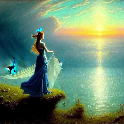 Prompt: an elegant fairy queen in a blue lace dress dancing looking out at a lord of the rings scenery landscape, staring across the sea at a white timber sail boat, sunrise, god's rays highly detailed, vivid colour, soft clouds, floral sunset, cinematic lighting, perfect composition, gustave dore, derek zabrocki, greg rutkowski, belsinski