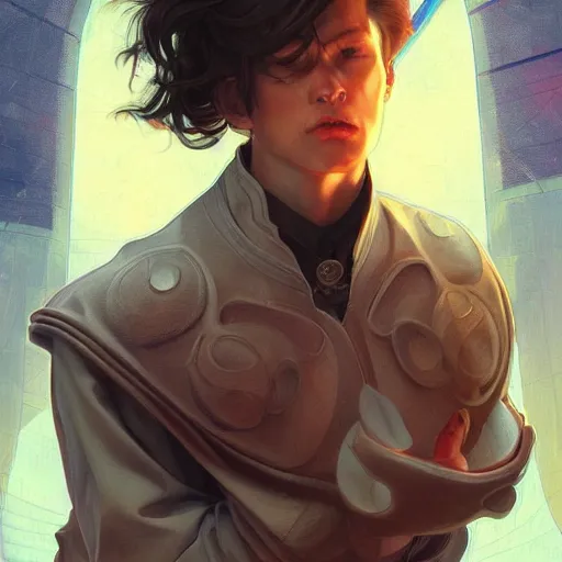 Image similar to character concept, wide angle, full body, symmetrical head - on centralized, young man with advanced clothes. detailed, high quality, dynamic lightning, fantasy, scenematic. artwork by artgerm, wlop, alex ross, greg rutknowski, alphonse mucha