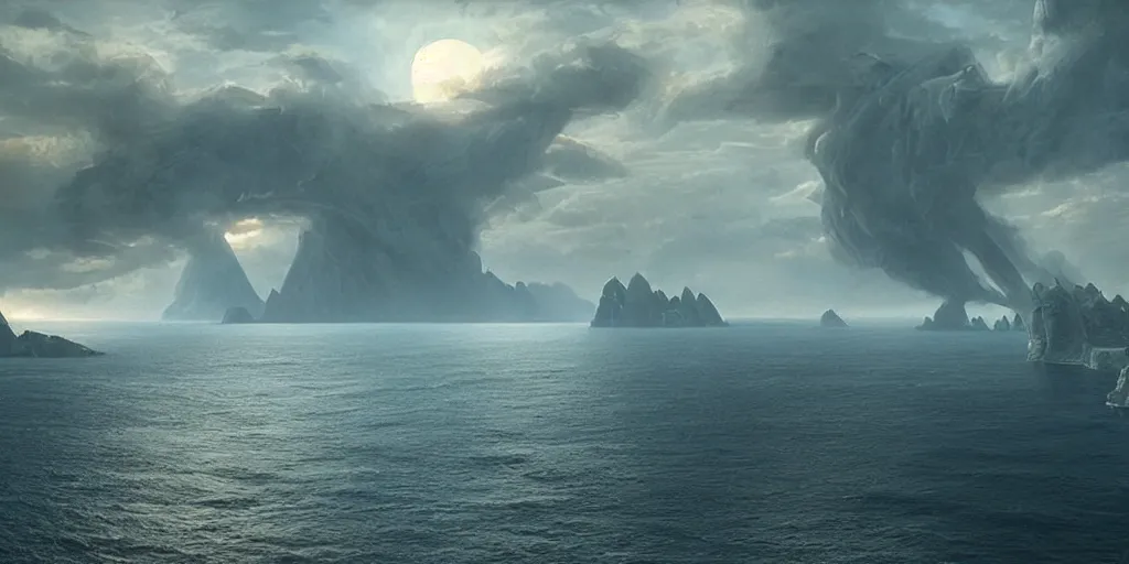Prompt: screenshot from a movie, epic matte painting of an island, cinematic cinematography masterpiece, greg rutkowski, and ivan aivazovski, roger deakins, ridley scott, giger