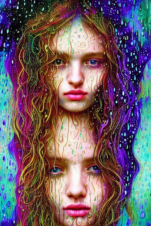 Image similar to portrait of a girl in psychedelic LSD rain with wet hair and face, fantasy, intricate, elegant, dramatic lighting, emotionally evoking symbolic metaphor, highly detailed, lifelike, photorealistic, digital painting, artstation, concept art, smooth, sharp focus, illustration, art by John Collier and Albert Aublet and Krenz Cushart and Artem Demura and Alphonse Mucha