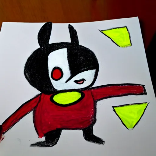 Image similar to a children's drawing of mr. mime as batman, crayon, paper