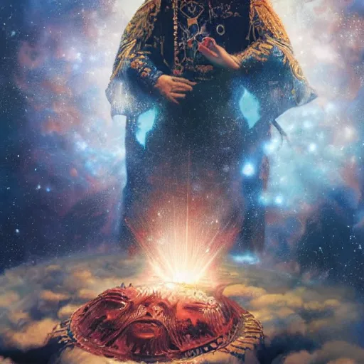 Prompt: ivan the terrible king floating in the cosmos with cosmic energy by tim walker and craig mullins,