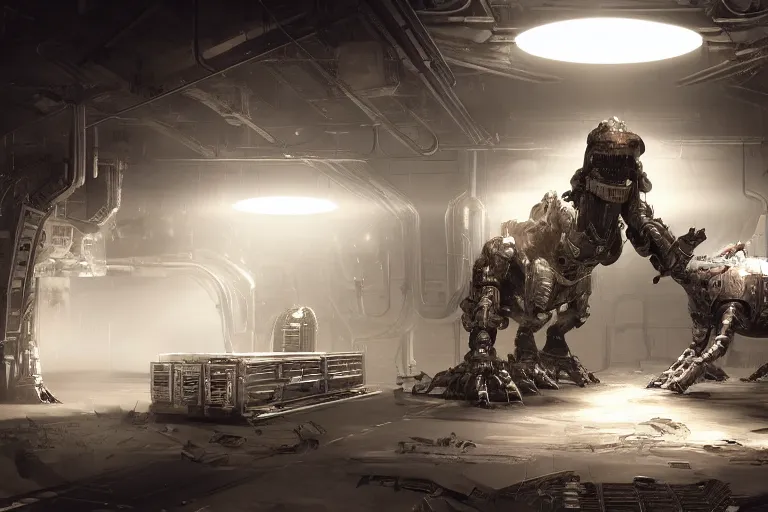 Image similar to robosaurus parallax datacenter server room interior single mono colossus white rusty robot sitting artstation cinematic detailed concept art volumetric light sharp coherent cgsociety symmetric perfect well balanced shadows lotr servers