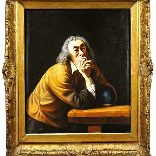 Prompt: An oil painting of Harry Carey gazing at the moon (1688)