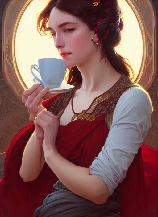 Prompt: perfectly - centered - portrait of a beautiful lady drinking red cup coffee, intricate, highly detailed, digital painting, artstation, concept art, smooth, sharp focus, illustration, unreal engine 5, 8 k, art by artgerm and greg rutkowski and alphonse mucha