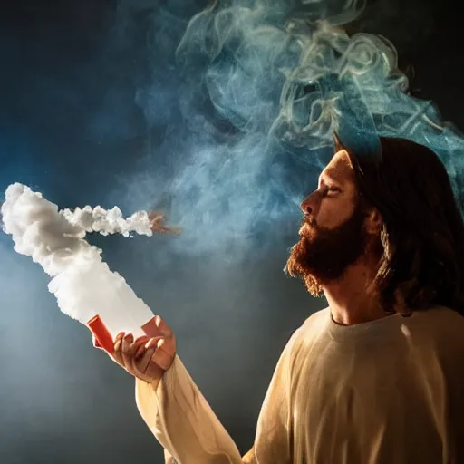 Image similar to jesus christ exhaling a huge smoke cloud from his holy bong, award winning candid photography