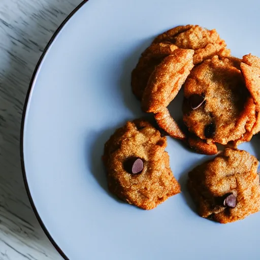 Prompt: a 5 0 mm macro shot of a plate of chocolate chip and prawn cookies