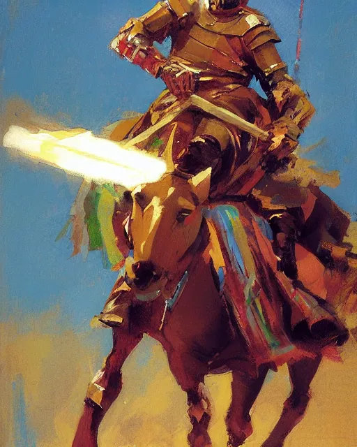 Prompt: close - up portrait of colorful rider pointing jousting lance at camera, caparisons, galloping, chainmail, by greg manchess, bernie fuchs, ruan jia, walter everett