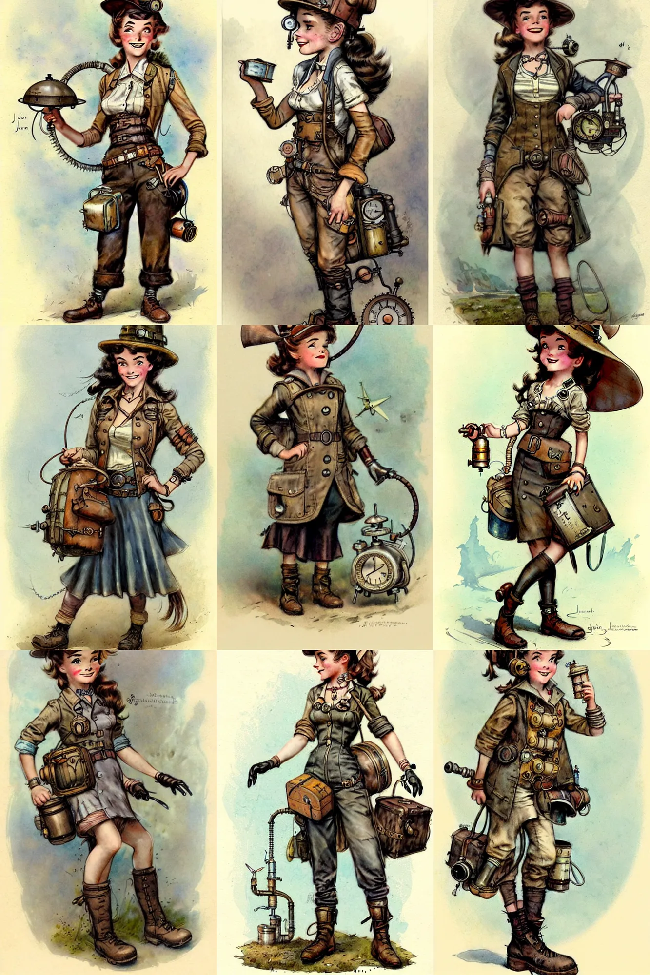 Prompt: 1950s steampunk adventurer girl inventer explorer . muted colors. by Jean-Baptiste Monge