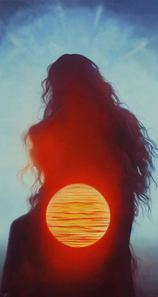 Image similar to the woman is like the setting sun, artstation, album cover, digital oil on canvas