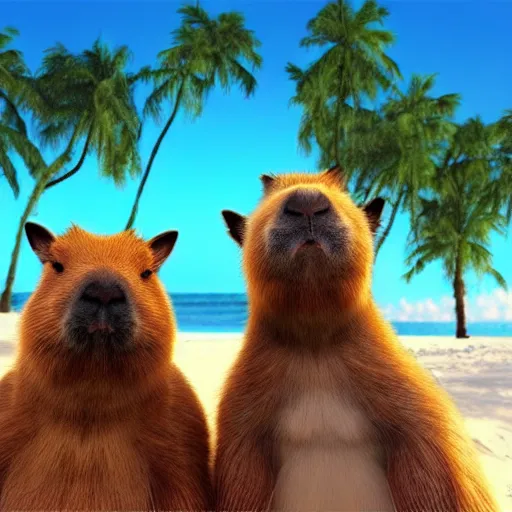 Prompt: “two best friend capybara and bunny with black spots on face and nose, on a beach with blue water and white sand, swaying palms, photorealistic render, colorful sunset, unreal engine 5, dynamic lighting, trending on artstation,”