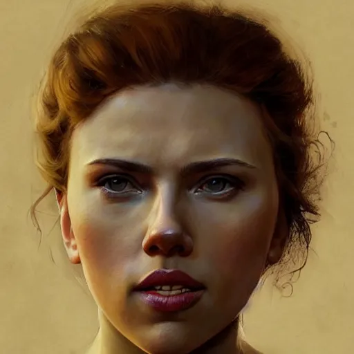 Image similar to detailed portrait of scarlett johansson as young nadezhda krupskaya, colourised, face portrait, epic, tragic, military art, fantasy, dieselpunk, hd shot, digital portrait, beautiful, artstation, comic style, by artgerm, guy denning, jakub rozalski, magali villeneuve and charlie bowater