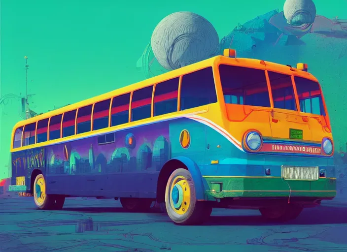 Image similar to a colorful indian bus by paolo eleuteri serpieri and tomer hanuka and chesley bonestell and daniel merriam and tomokazu matsuyama, unreal engine, high resolution render, featured on artstation, octane, 8 k, highly intricate details, vivid colors, vector illustration
