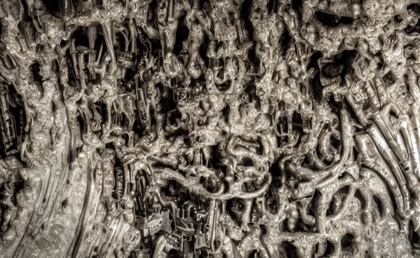 Prompt: large alien machines and alien technology inside of a cave, insanely detailed, complex machinery, stalagmites, jeweled technology, ultrafine detail, 35mm photography