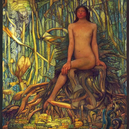 Image similar to the robot on her forest throne, by Annie Swynnerton and Diego Rivera, symbolist, dramatic lighting, elaborate geometric ornament, Art Brut ,god rays, soft cool colors,smooth, sharp focus, extremely detailed, Adolf Wölfli