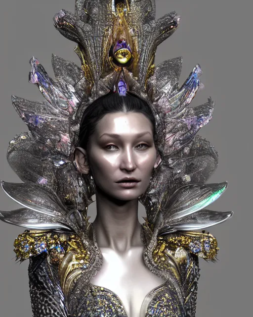 Image similar to a highly detailed metahuman 4 k close up render of an alien goddess bella hadid monument gothic in iris van herpen dress schiaparelli in diamonds crystals swarovski and jewelry iridescent in style of alphonse mucha gustav klimt trending on artstation made in unreal engine 4