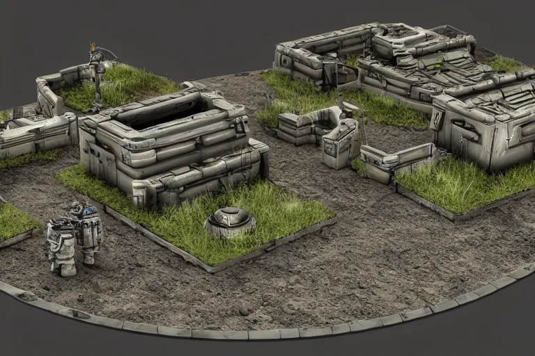 Image similar to 40k Tau empire bunker. Tao coalition. Greater good gromdark bunker. 3d printable wargaming terrain. High resolution render. CGSociety.