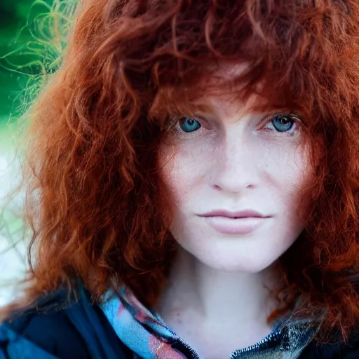 Image similar to Close up photo of the left side of the head of a redhead woman with gorgeous eyes and wavy long red hair, who looks directly at the camera. Slightly open mouth. left side of the head head visible and covers half of the frame, with a park visible in the background. 135mm nikon.