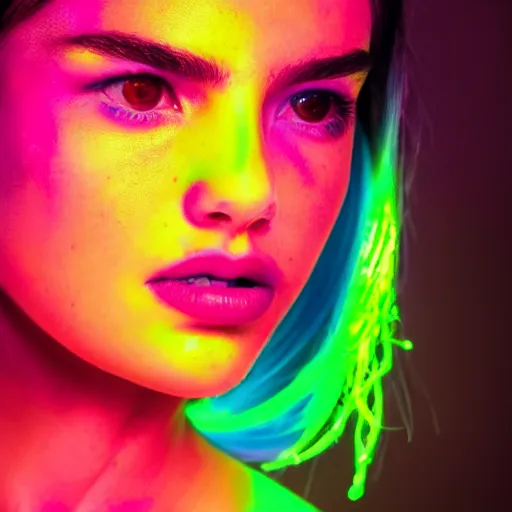 Image similar to a girl glowing with neon colors, high detail of the face, high details, high modernization, high stylization, full body, photo model