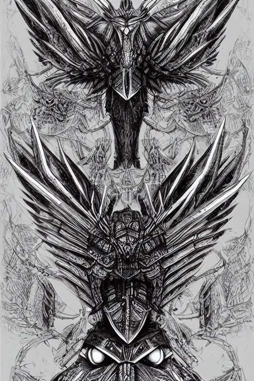 Image similar to armoured warrior hummingbird monster, symmetrical, highly detailed, digital art, hummingbird themed armour, sharp focus, trending on art station, kentaro miura manga art style