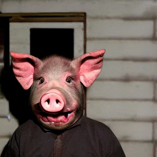 Image similar to creppy 2 0 0 3 photo of a pig masked man screaming in a dark red slaughterhouse