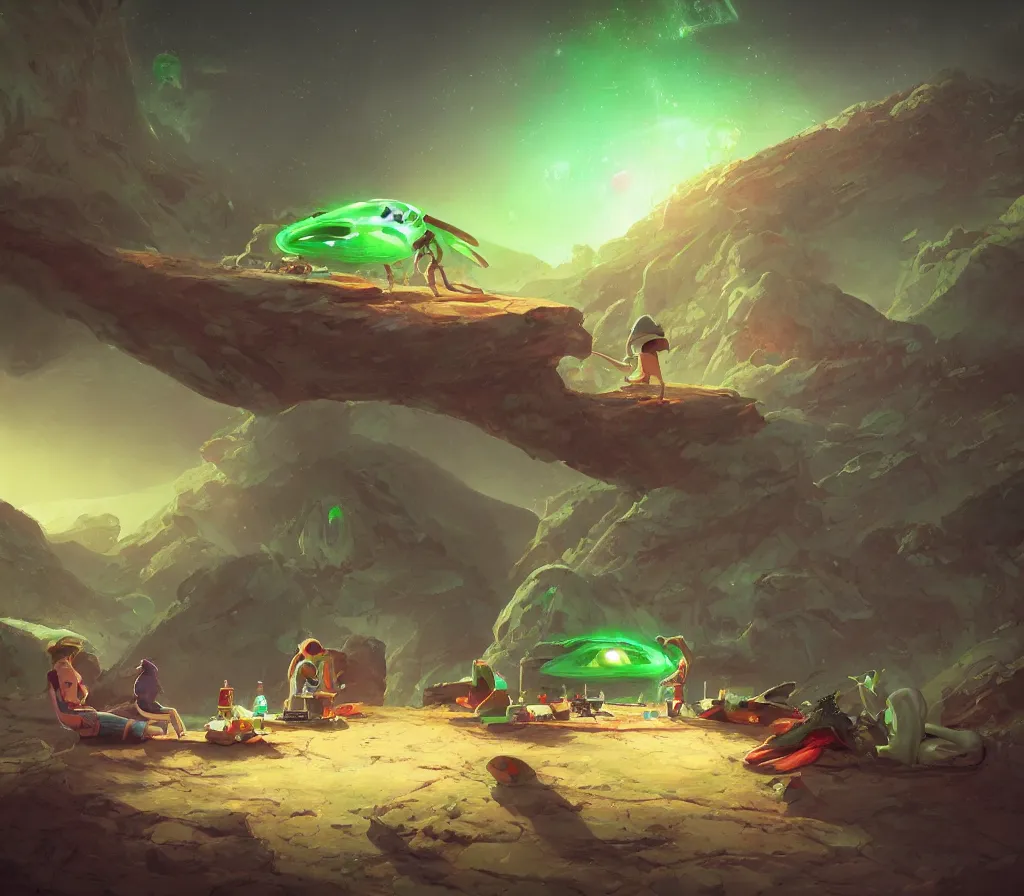 Image similar to An is having a picnic with a green alien on Mars, by Jordan Grimmer, digital art, trending on Artstation,