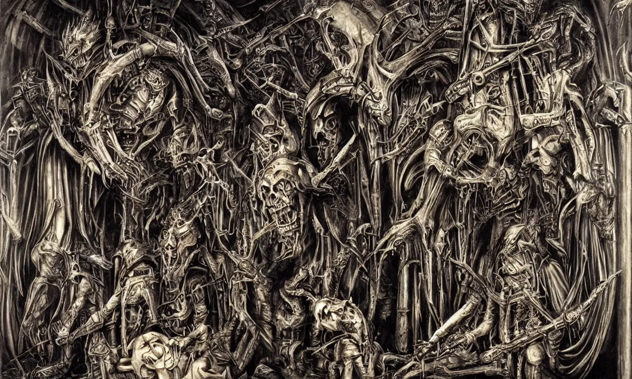 Image similar to judas priest, saints in hell, by giger,