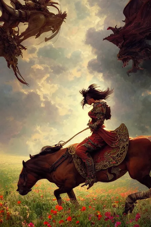 Prompt: fighter ridding a horse on a flower field, dragon, highly detailed, digital painting, artstation, concept art, smooth, sharp focus, illustration, art by artgerm and greg rutkowski and alphonse mucha and andrei riabovitchev