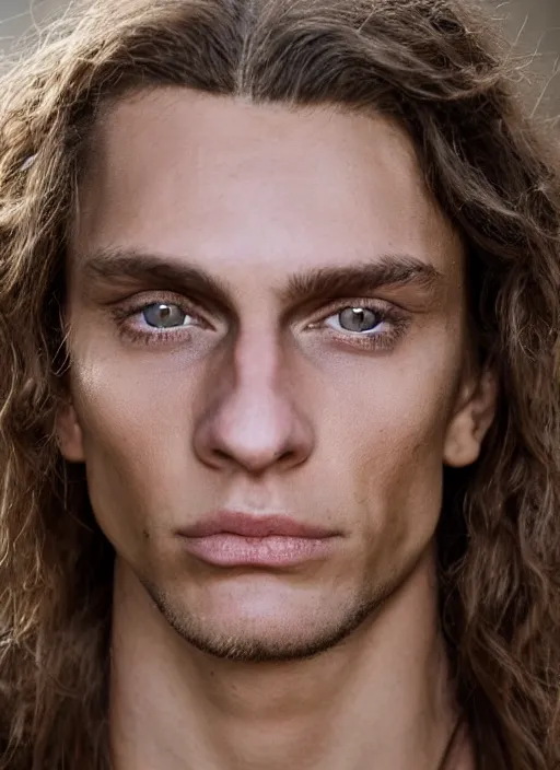 Image similar to a very skinny young Tarzan close-up portrait of young white male, with long dark brown slicked back hair shoulder length