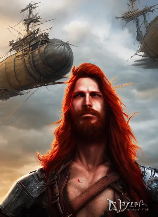 Image similar to an epic fantasy comic book style portrait painting of a long haired, red headed male sky - pirate in front of an airship, unreal 5, daz, hyperrealistic, octane render, cosplay, rpg portrait, dynamic lighting, in the style of final fantasy