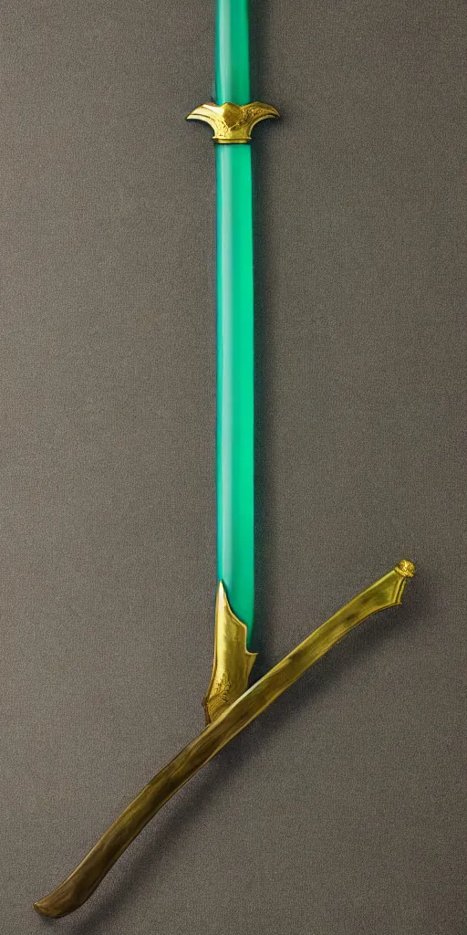 Image similar to photograph of a wide green and teal crystal sword with a big gold sword hilt