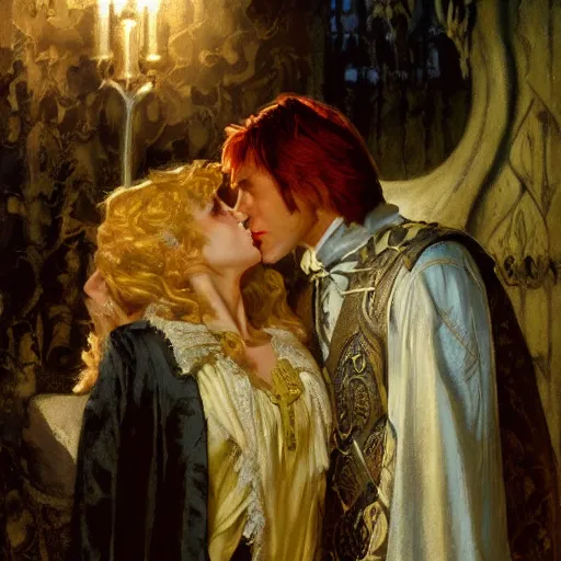 Image similar to attractive male, arthur pendragon confesses his love to attractive male dracula the vampire. highly detailed painting by gaston bussiere, craig mullins, j. c. leyendecker 8 k