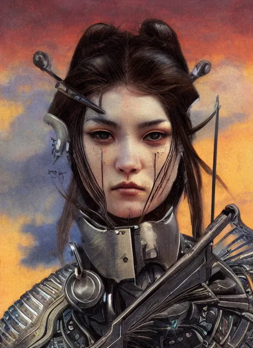 Image similar to symmetry! closeup portrait of a beautiful biblical diabolical samurai girl holding a rifle, cyborg armor, in clouds, cinematic studio light, windy, sunrise, by gerald brom, by mikhail vrubel, by peter elson, muted colors, extreme detail, trending on artstation, 8 k