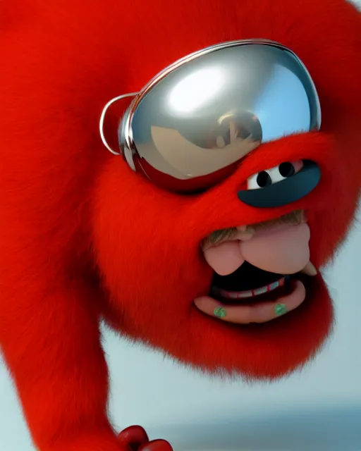 Prompt: 3 d render of completely red hairy friendly antropomorphic creature wearing chrome shades, without nose, small smile, full body, standing on 2 feet, in the style of pixar, white background, unreal engine 5, octane render, highly detailed hdr