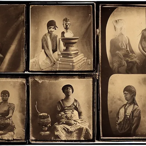 Image similar to Tintype photography of exotic objects, magic objects, ethnographic museum, indigenous, salvaje, nature and culture, 1920s studio lighting.