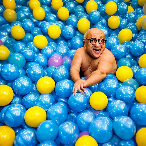 Image similar to danny devito playing in a ball pit, canon eos r 3, f / 1. 4, iso 2 0 0, 1 / 1 6 0 s, 8 k, raw, unedited, symmetrical balance, wide angle