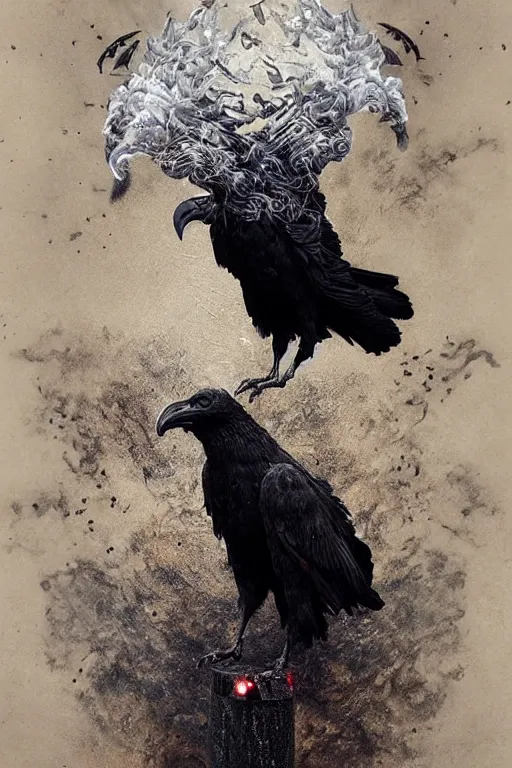 Image similar to Intricate stunning highly detailed surreal ravens by agostino arrivabene and Seb McKinnon, sculpture, ultra realistic, Horror, full moon, blood moon, thick black swirling particle smoke tornado, fire embers, trending on artstation