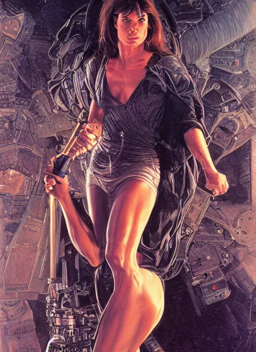 Image similar to Sandra Bullock (1990) as a muscled heroine staring into the camera, torch shadows, foggy night, intricate, elegant, highly detailed, Donato Giancola, Joseph Christian Leyendecker, WLOP, Boris Vallejo, Artgerm