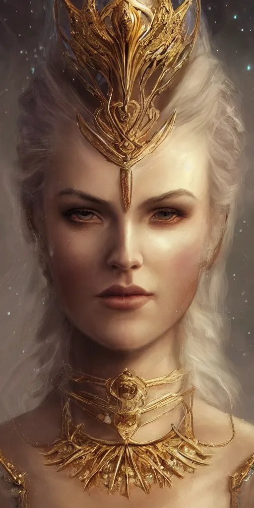 Image similar to realistic character concept of nordic queen with lots of jewelry in the face, elegant pose, scifi, illustration, slender symmetrical face and body, artstation, cinematic lighting, hyperdetailed, cgsociety, 8 k, high resolution, charlie bowater, tom bagshaw, insanely detailed and intricate, beautiful, elegant, golden ratio, dark fractal background, vfx, postprocessing