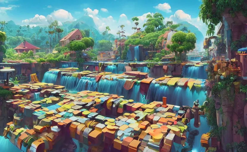 Prompt: art by filip hodas, pixar, and artgerm. level design many pipes from which clean water flows. many people and shops with goods. clean, neat, indoor, advertising, entertainments, inside, interior.