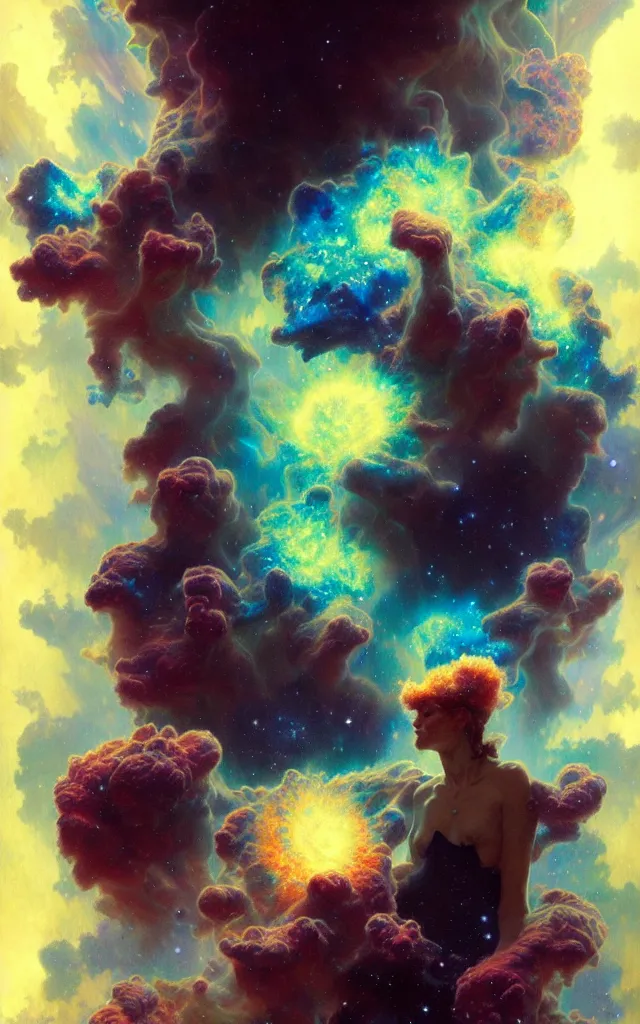 Image similar to psychedelic transcendent puffs of smoke explosion, supernova, nebulae, pillars of creation, enlightenment, high contrast lighting, highly detailed, concept art, art by collier, albert aublet, krenz cushart, artem demura, alphonse mucha