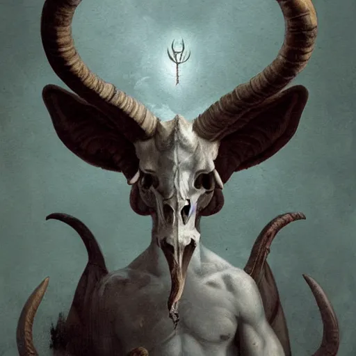 Image similar to baphomet with goat horns holding an animal skull, style of da vinci, horror, fantasy illustration, by greg rutkowski