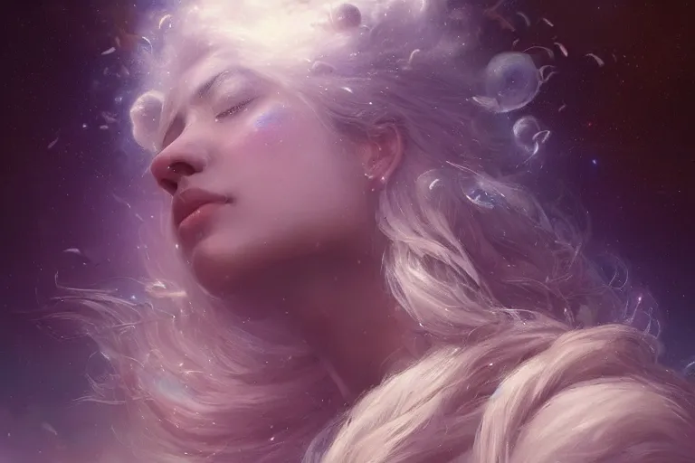 Image similar to a beautiful portrait of a cloud goddess with numerous tiny birds flying in the background and closed eyes, galaxy theme colors, galaxy theme colors, ultra realistic digital art by Greg Rutkowski and Raymond Swanland, Trending on Artstation, ultra realistic digital art, ultra realistic digital art